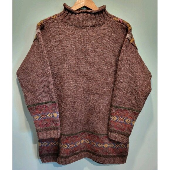 Vtg Express Tricot Wool Blend Mock Neck Tunic Sweater Brown Floral Sz M - Picture 5 of 7